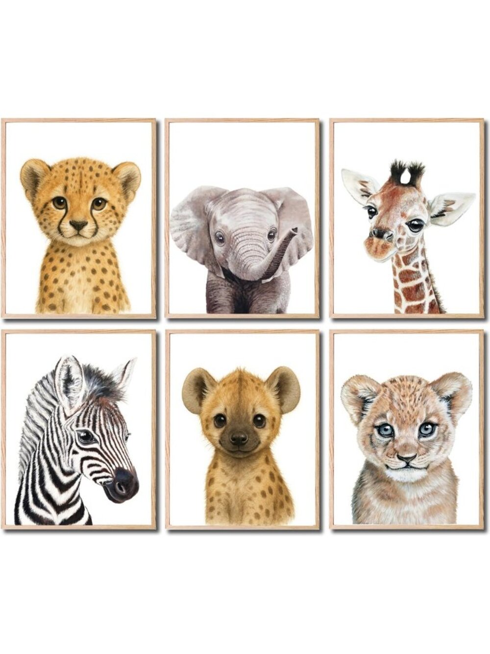 Safari Nursery Wall Art Set of 6 - Unframed Animal Decor for Baby Room - 8"x10